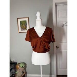 Urban Outfitters Satin Rust Wrap Crop Top Small Short Sleeve Surplice Blouse